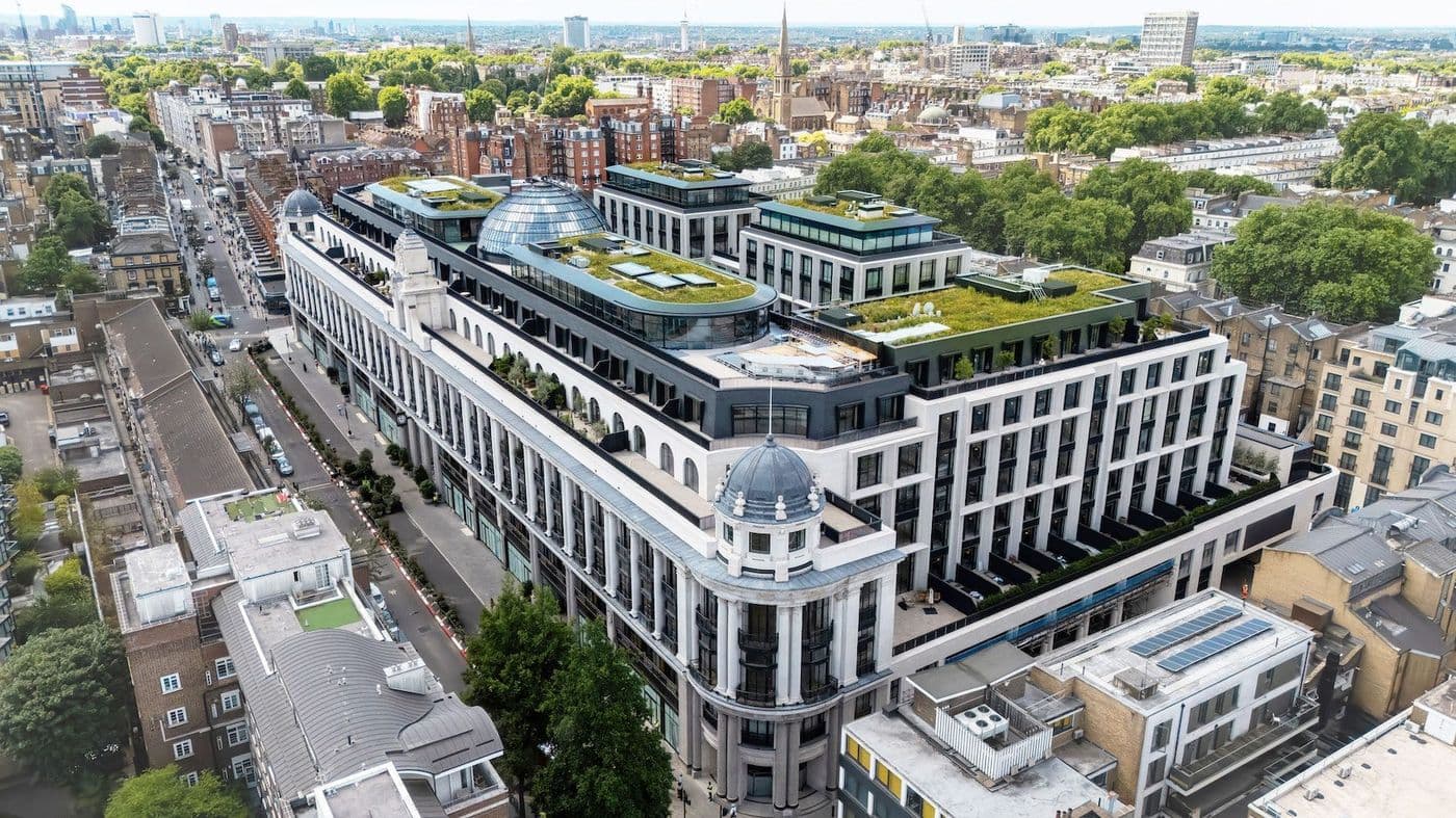 Aerial view of the completed Bayswater development in London, a mansion-block scheme of prime apartments with planted roof terraces and glazed domes