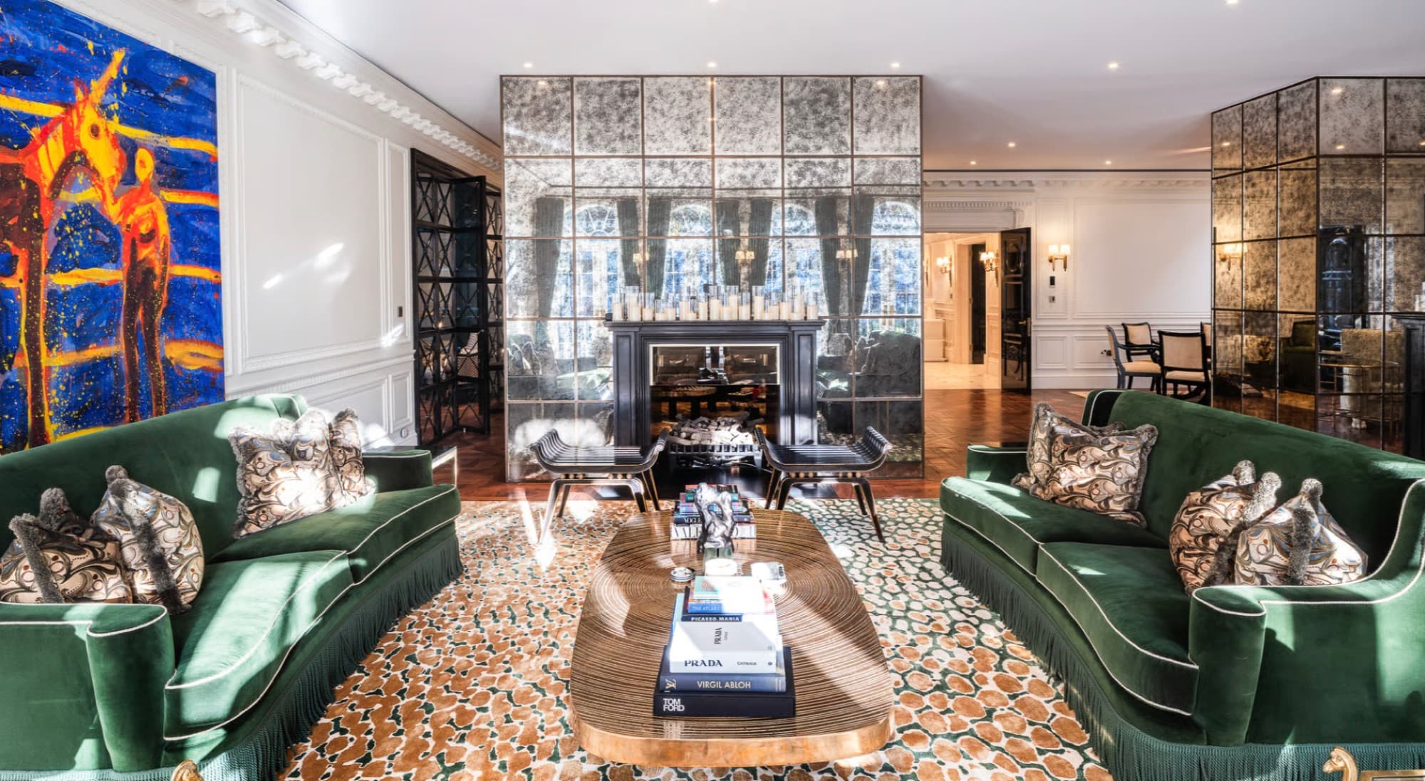 Drawing room of a completed prime Central London residence, with concealed air conditioning, architectural lighting and antiqued mirror panelling