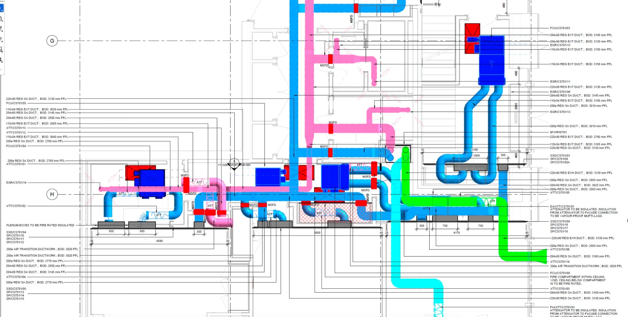 Coordinated building-services drawing with colour-coded supply, extract and ventilation ductwork above a residential ceiling