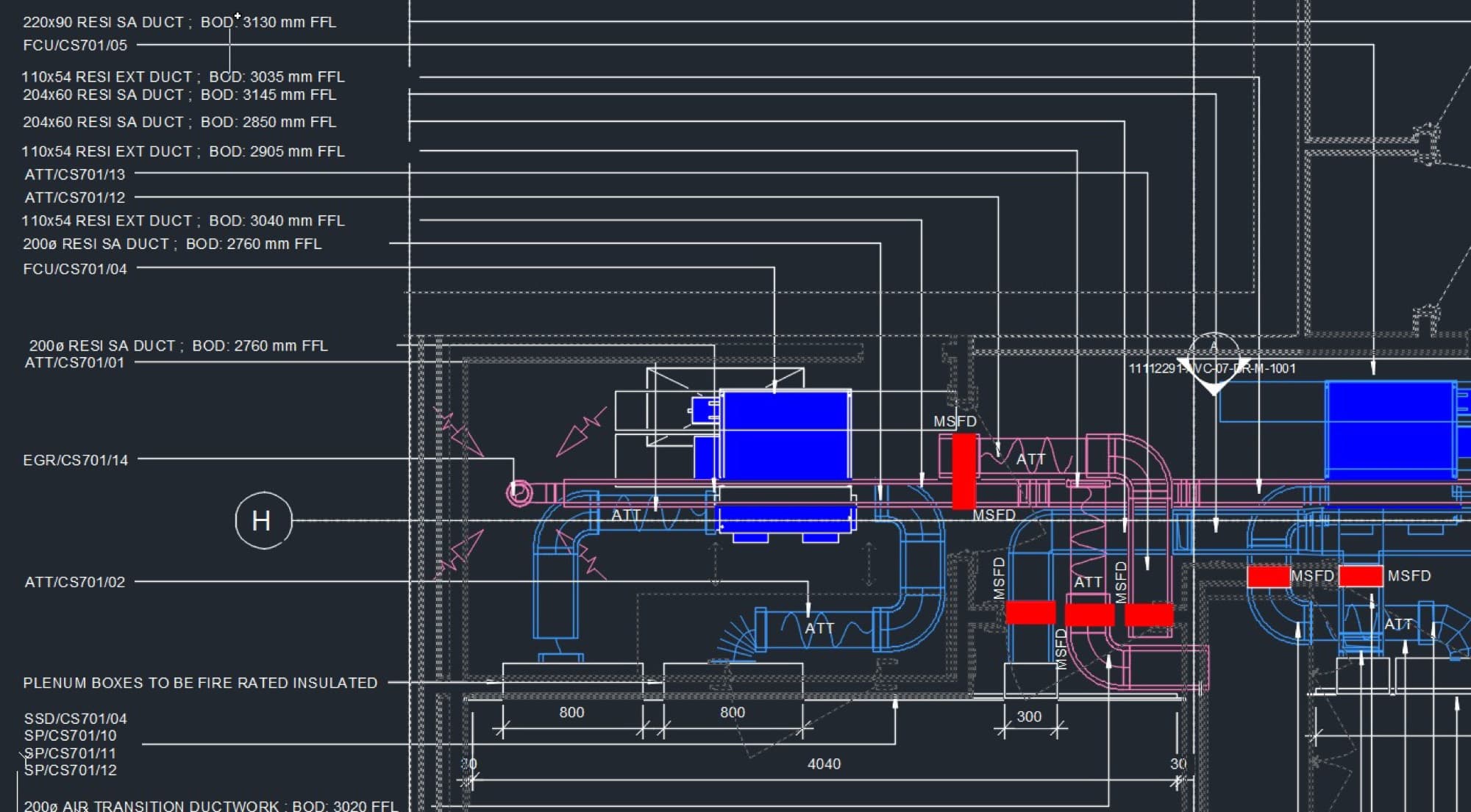 AutoCAD mechanical-services drawing with duct sizes, fan coil references and fire damper positions