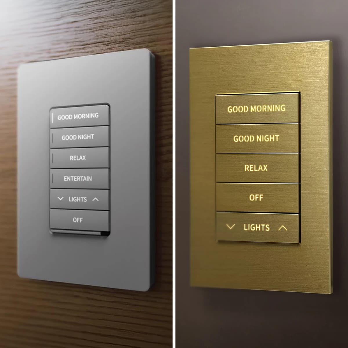 Two Crestron keypads side by side, one in brushed silver on a walnut wall and one in brushed brass, each engraved Good Morning, Good Night, Relax and Lights