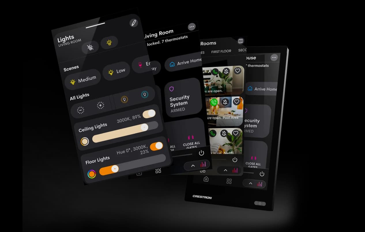 Three phone screens from the Crestron Home app, showing lighting scenes with colour temperature and brightness sliders, a room overview with the security system armed, and a rooms list with camera previews